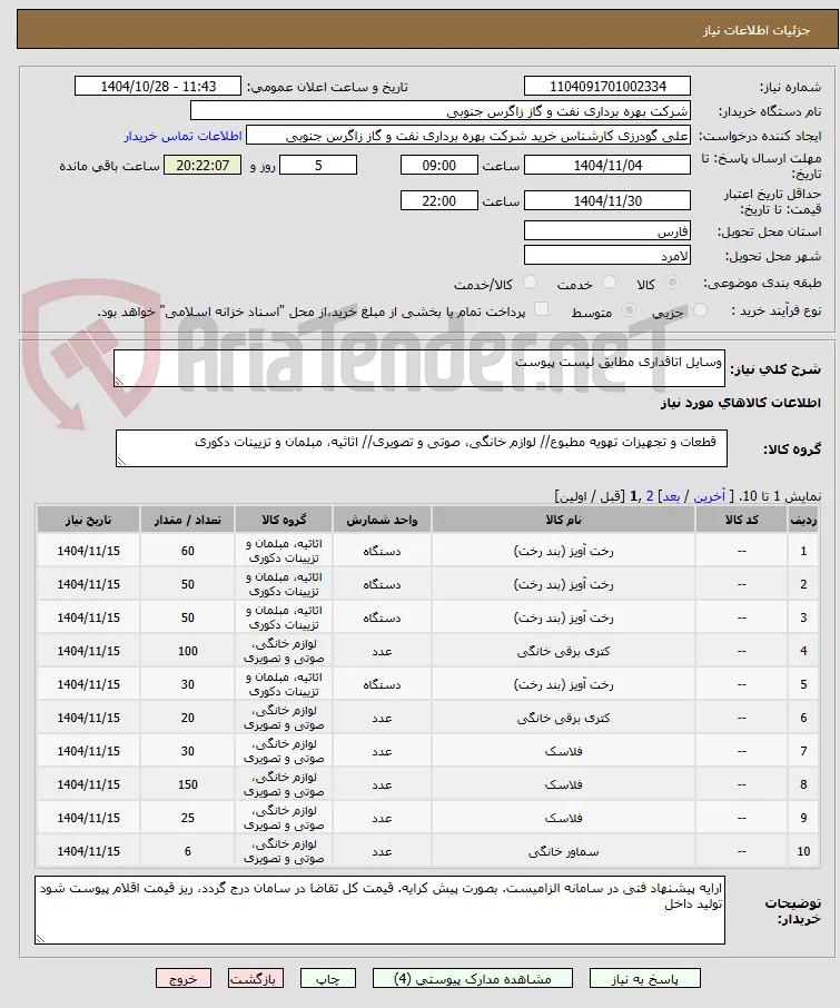 وسایل اتاقداری مطابق لیست پیوست