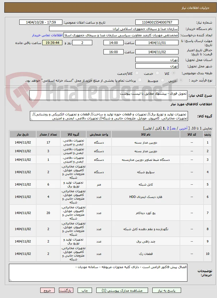 تحویل فوری - پیشنهاد مطابق با لیست پیوست 