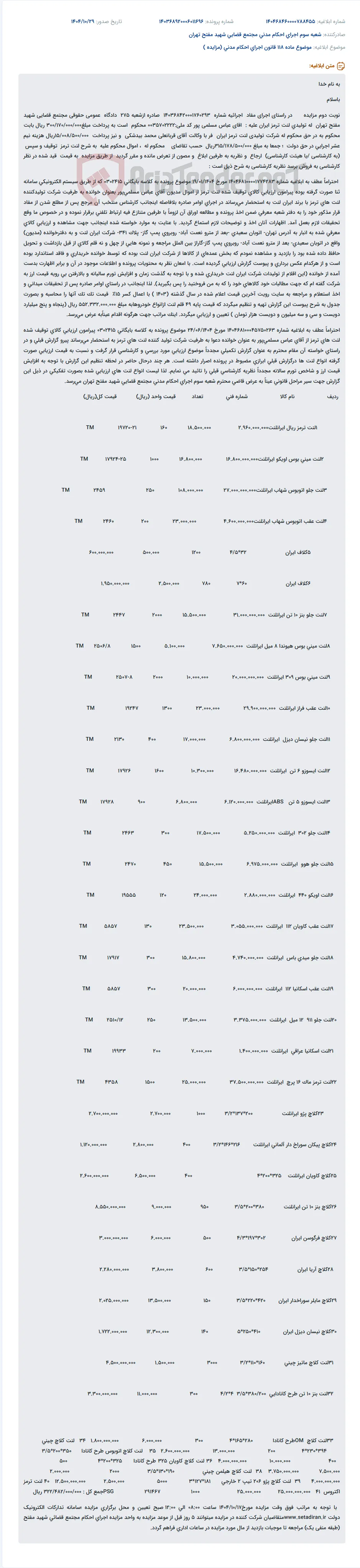 موضوع ماده 118 قانون اجرای احکام مدنی (مزایده )