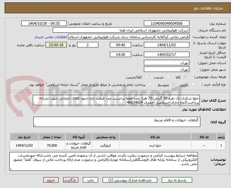 حلوا شکری تک نفره 30 گرمی-70 هزار عدد-لطفا برحسب عدد قیمت داده شود-کالای انتخابی جهت تشابه- پرداخت:3ماه اداری-اسماعیل احمدی 46624624 