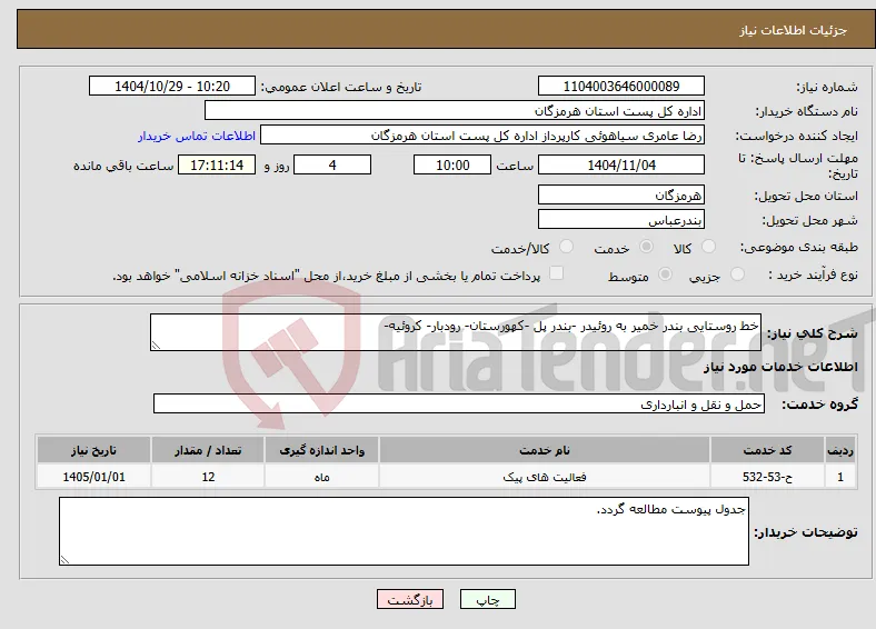 نیاز خدمات-خط روستایی بندر خمیر به روئیدر -بندر پل -کهورستان- رودبار- کروئیه-