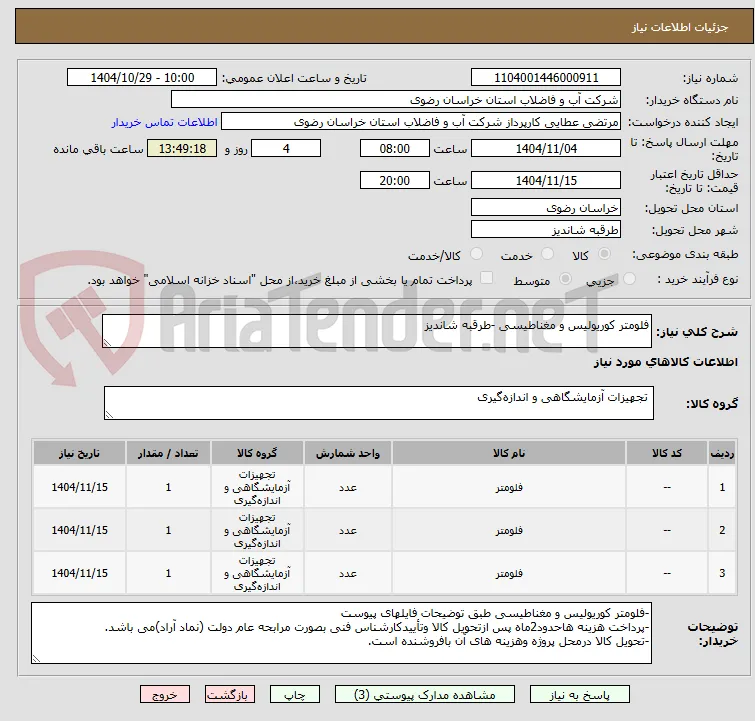 فلومتر کوریولیس و مغناطیسی -طرقبه شاندیز