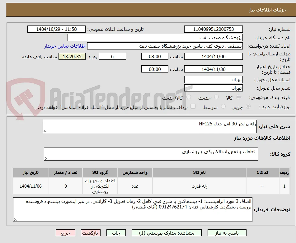 رله پرایمر 30 آمپر مدل HF125