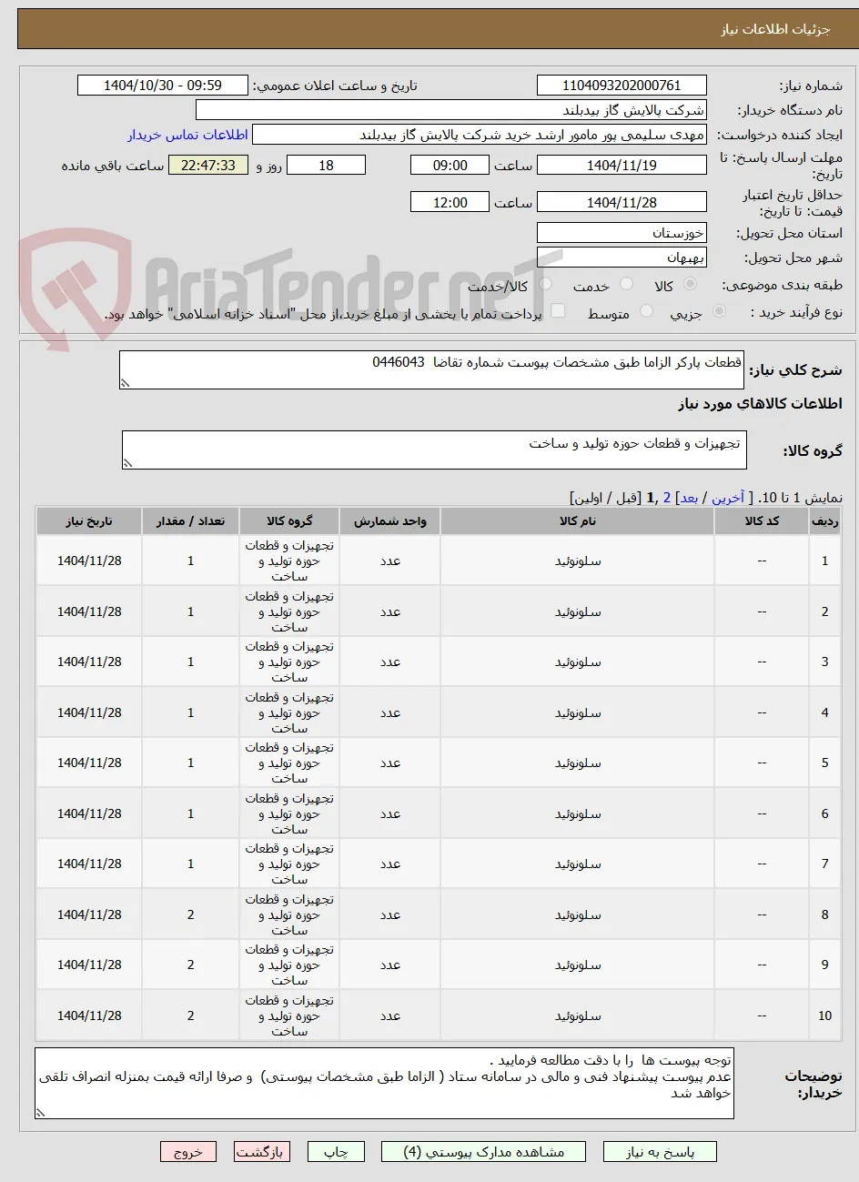 قطعات پارکر الزاما طبق مشخصات پیوست شماره تقاضا  0446043