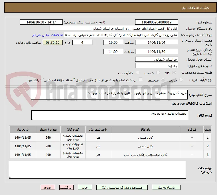 خرید کابل برق مفتول مس و آلومینیوم مطابق با شرایط در اسناد پیوست 