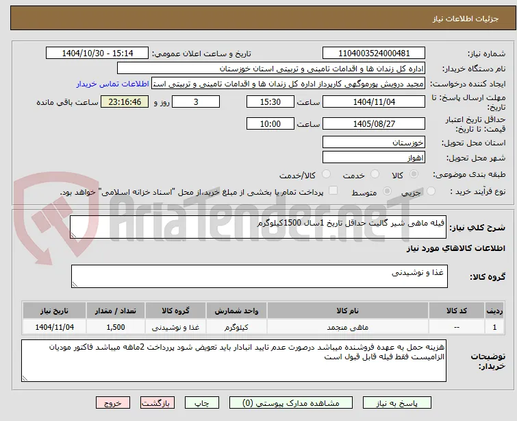 فیله ماهی شیر گالیت حداقل تاریخ 1سال 1500کیلوگرم