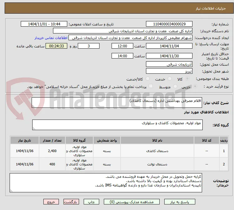 اقلام مصرفی بهداشتی اداره (دستمال کاغذی)