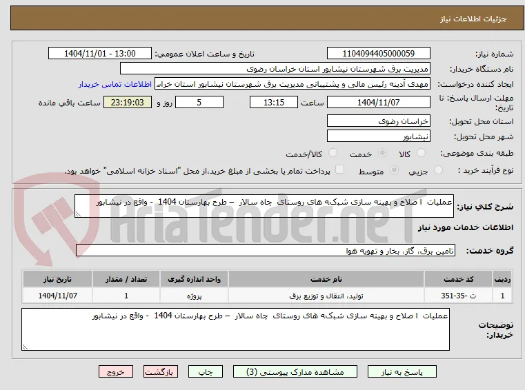 عملیات  ا ﺻﻼﺡ ﻭ بهینه ﺳﺎﺯی ﺷﺒکﻪ ﻫﺎی روستای  چاه سالار  – طرح بهارستان 1404  - واقع در نیشابور