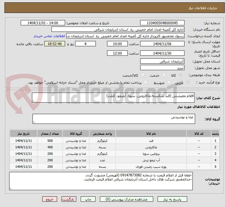 اقلام معیشتی (قند شکسته،ماکارونی، سویا، آبلیمو، کتلت)