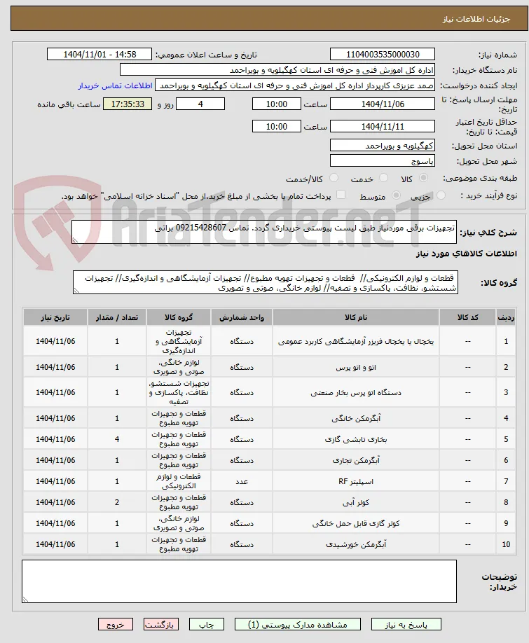 تجهیزات برقی موردنیاز طبق لیست پیوستی خریداری گردد. تماس 09215428607 براتی 