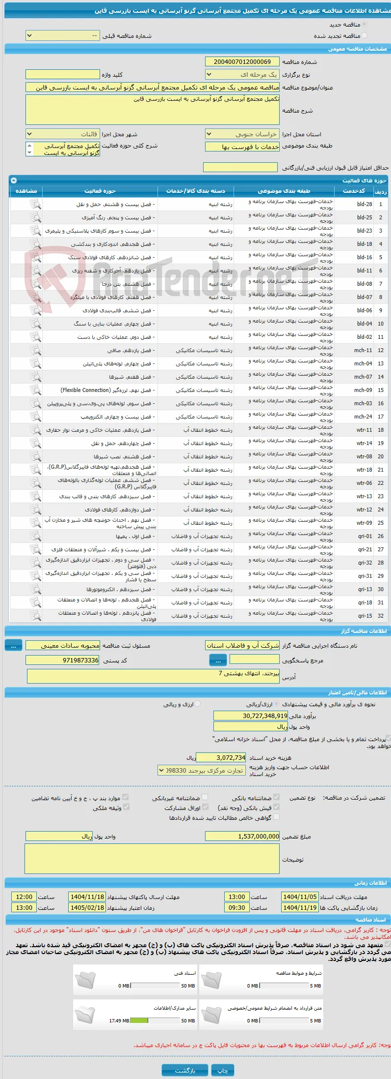 مناقصه عمومی یک مرحله ای تکمیل مجتمع آبرسانی گزنو آبرسانی به ایست بازرسی قاین