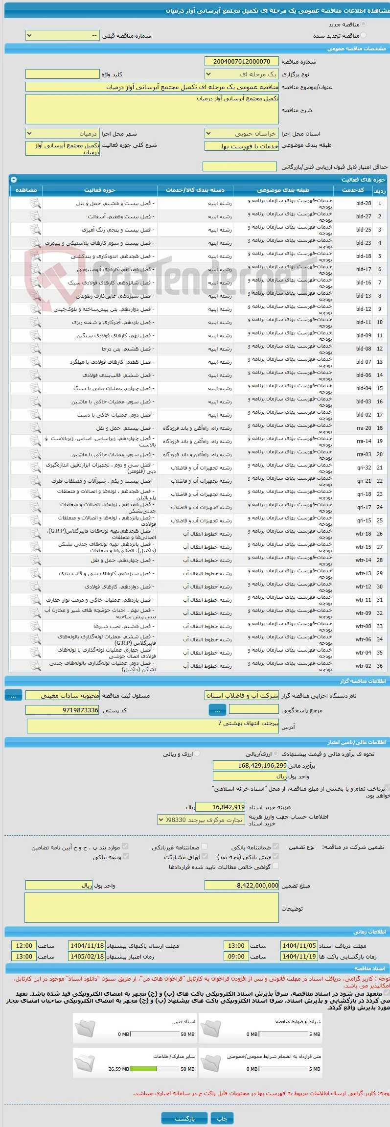 مناقصه عمومی یک مرحله ای تکمیل مجتمع آبرسانی آواز درمیان