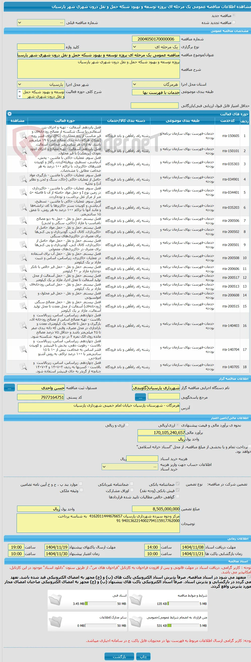 مناقصه عمومی یک مرحله ای پروژه توسعه و بهبود شبکه حمل و نقل درون شهری شهر پارسیان