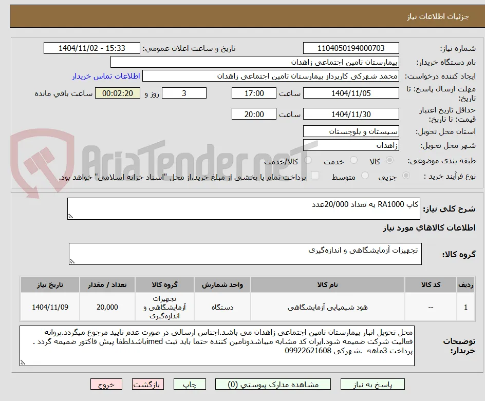 کاپ RA1000 به تعداد 20/000عدد