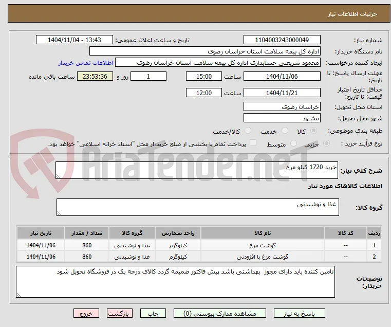 خرید 1720 کیلو مرغ 
