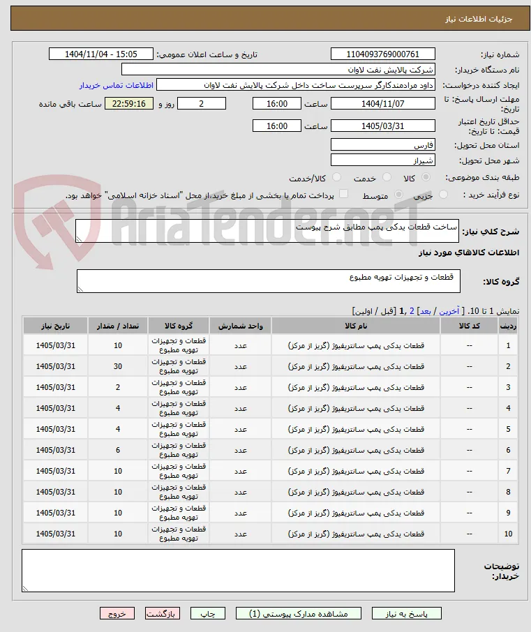 ساخت قطعات یدکی پمپ مطابق شرح پیوست
