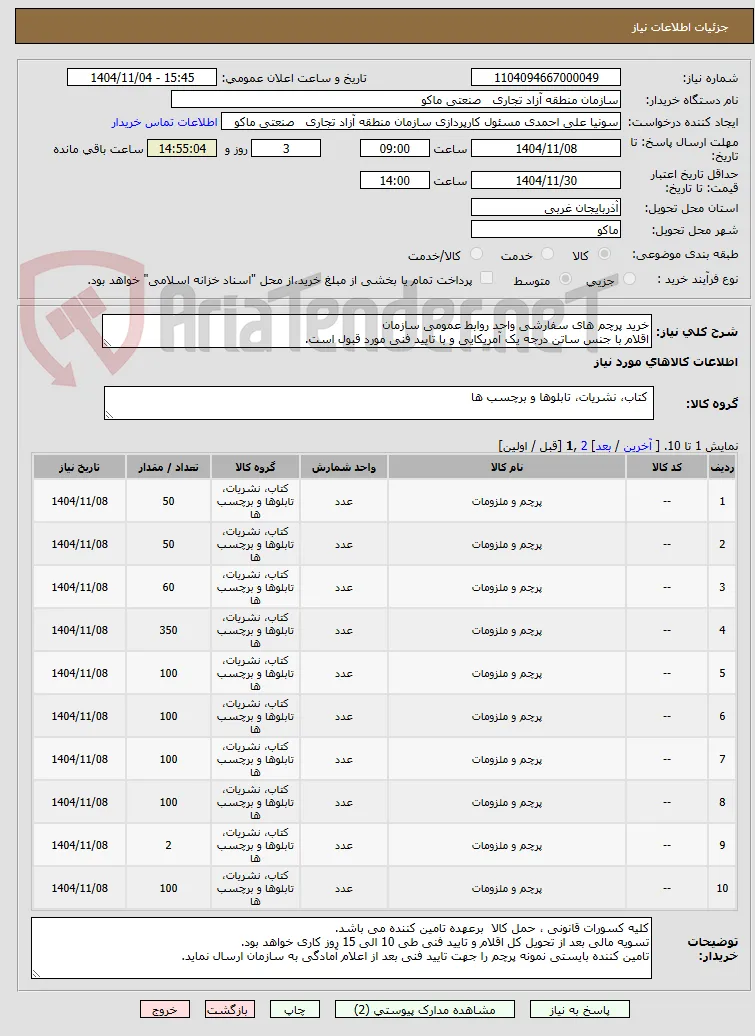 خرید پرچم های سفارشی واحد روابط عمومی سازمان
اقلام با جنس ساتن درجه یک آمریکایی و با تایید فنی مورد قبول است.