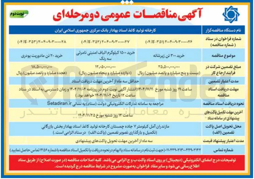 خرید ۱۵۰۰ کیلوگرم الیاف امنیتی نامرئی سه رنگ 