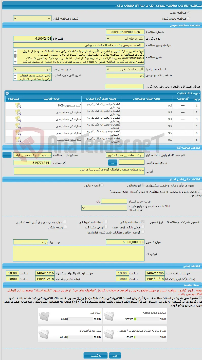 مناقصه عمومی یک مرحله ای قطعات برقی