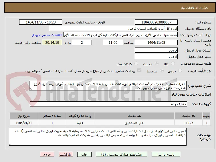  اجرای عملیات حفاری در قسمت میله و کوره های جانبی چاه های دستی روستاهای  قوزلو، پرسپانج، قهوج شهرستان آوج طبق مدارک پیوست