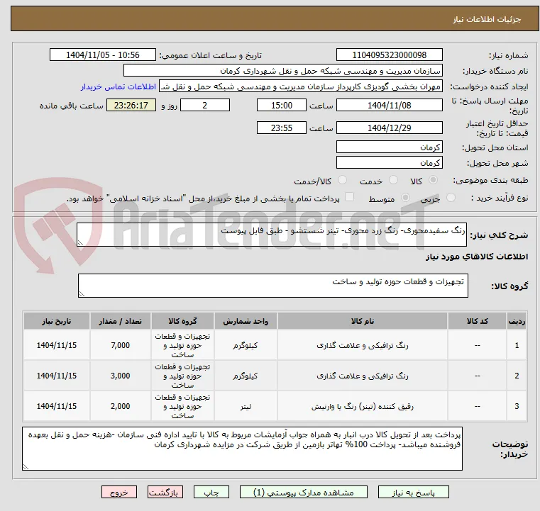رنگ سفیدمحوری- رنگ زرد محوری- تینر شستشو - طبق فایل پیوست