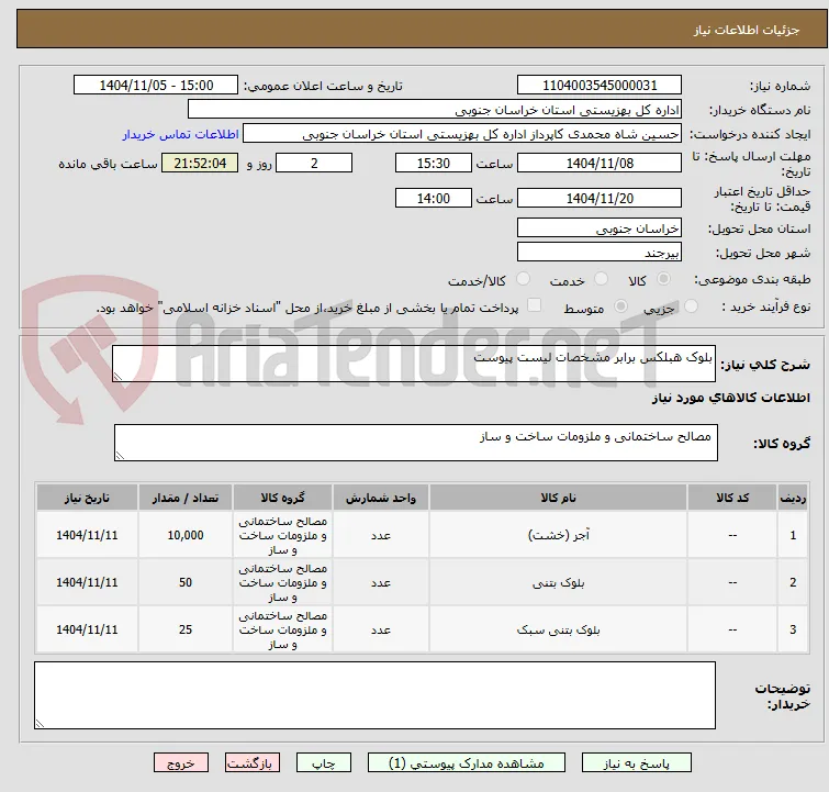 بلوک هبلکس برابر مشخصات لیست پیوست