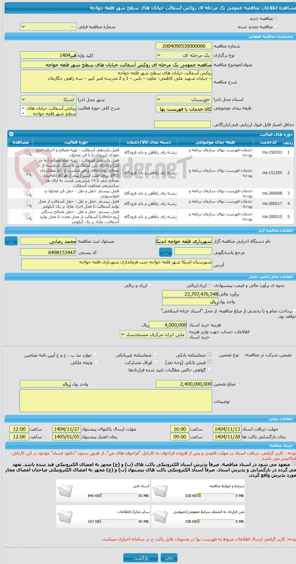 مناقصه عمومی یک مرحله ای روکش آسفالت خیابان های سطح شهر قلعه خواجه 
