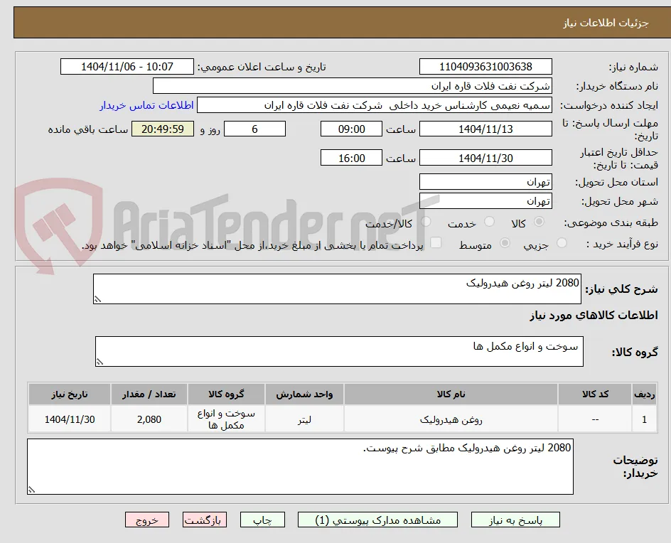2080 لیتر روغن هیدرولیک