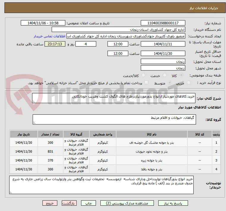 خرید،کالاهای موردنیاز ازانواع بذورموردنیازدرطرح های الگوی کشت وضریب خوداتکایی
