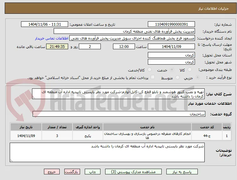 تهیه و نصب کنتور هوشمند و تابلو قطع کن-کابل-لوازم-شرکت مورد نظر بایستی تاییدیه اداره آب منطقه ای کرمان را داشته باشد
