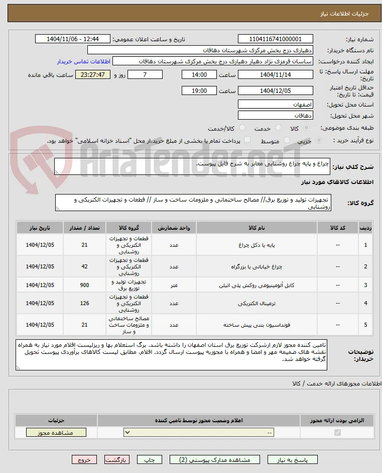 چراغ و پایه چراغ روشنایی معابر به شرح فایل پیوست.