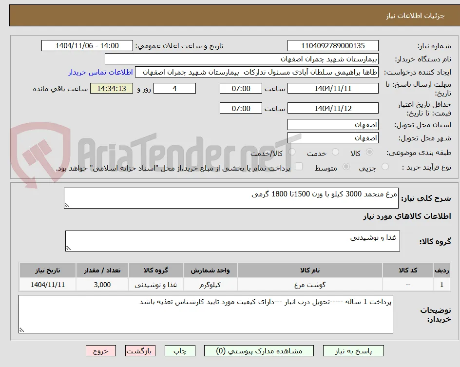 مرغ منجمد 3000 کیلو با وزن 1500تا 1800 گرمی 