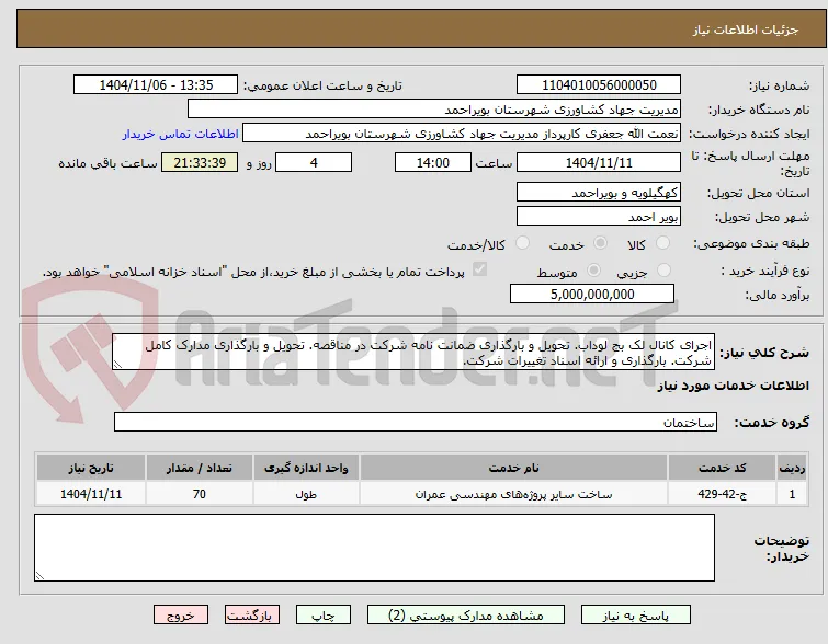 اجرای کانال لک بج لوداب. تحویل و بارگذاری ضمانت نامه شرکت در مناقصه. تحویل و بارگذاری مدارک کامل شرکت. بارگذاری و ارائه اسناد تغییرات شرکت.