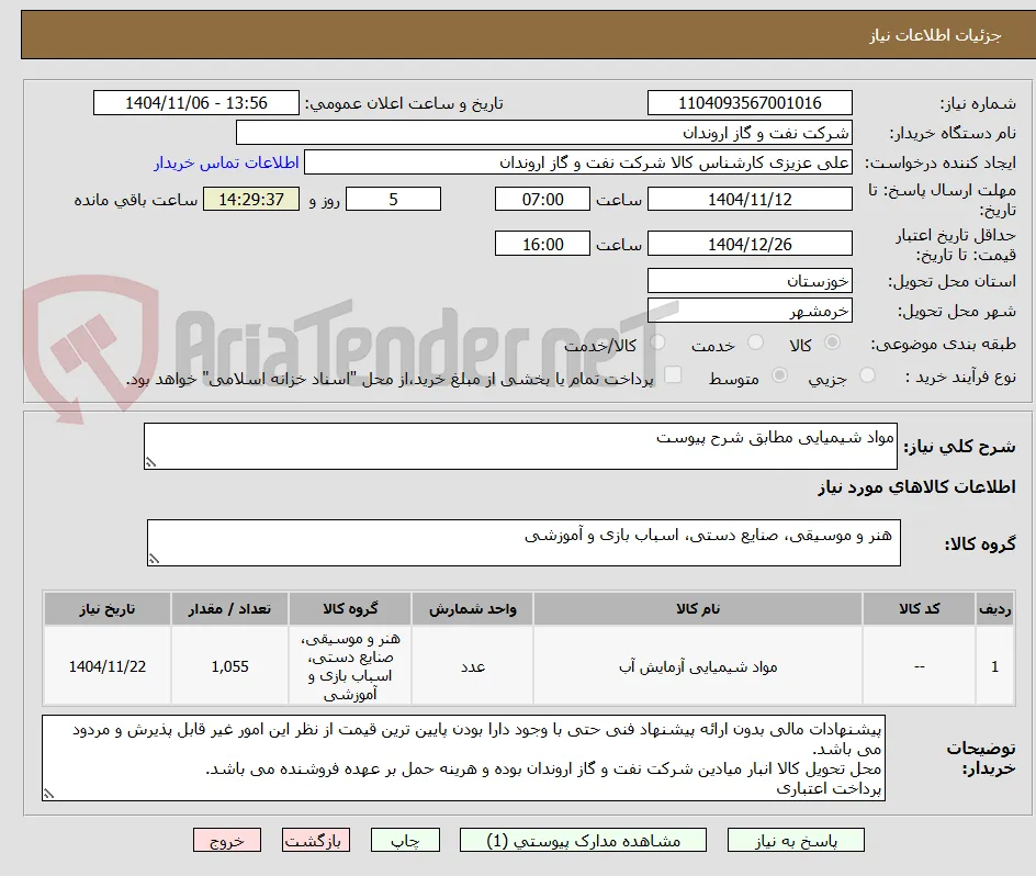 مواد شیمیایی مطابق شرح پیوست