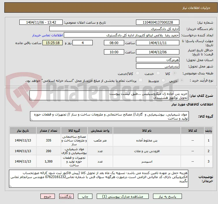 خرید بتن آماده ژل میکروسیلیس ...طبق لیست پیوست
تحویل توکهور هشتبندی