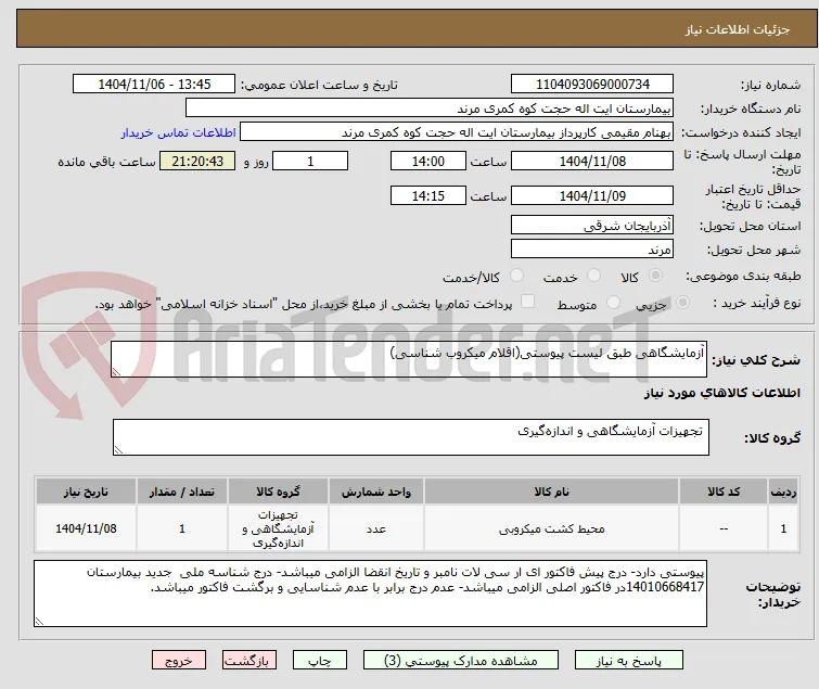 آزمایشگاهی طبق لیست پیوستی(اقلام میکروب شناسی)