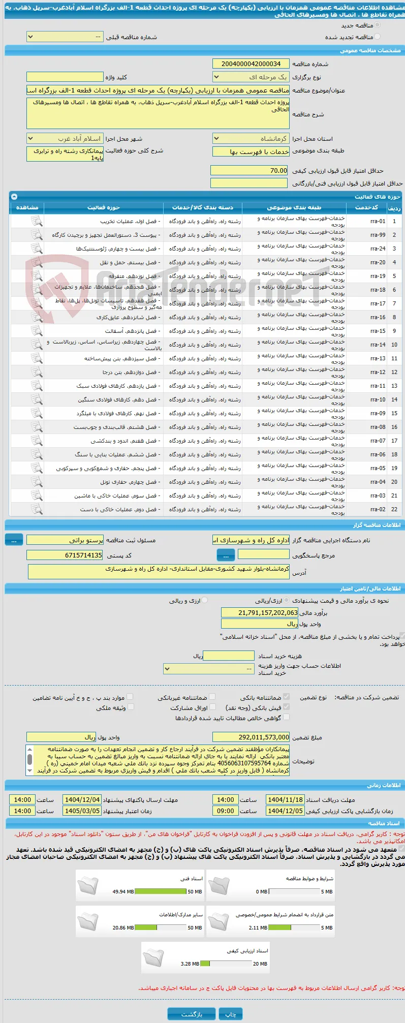 مناقصه عمومی همزمان با ارزیابی (یکپارچه) یک مرحله ای پروژه احداث قطعه 1-الف بزرگراه اسلام آبادغرب-سرپل ذهاب، به همراه تقاطع ها ، اتصال ها ومسیرهای الحاقی