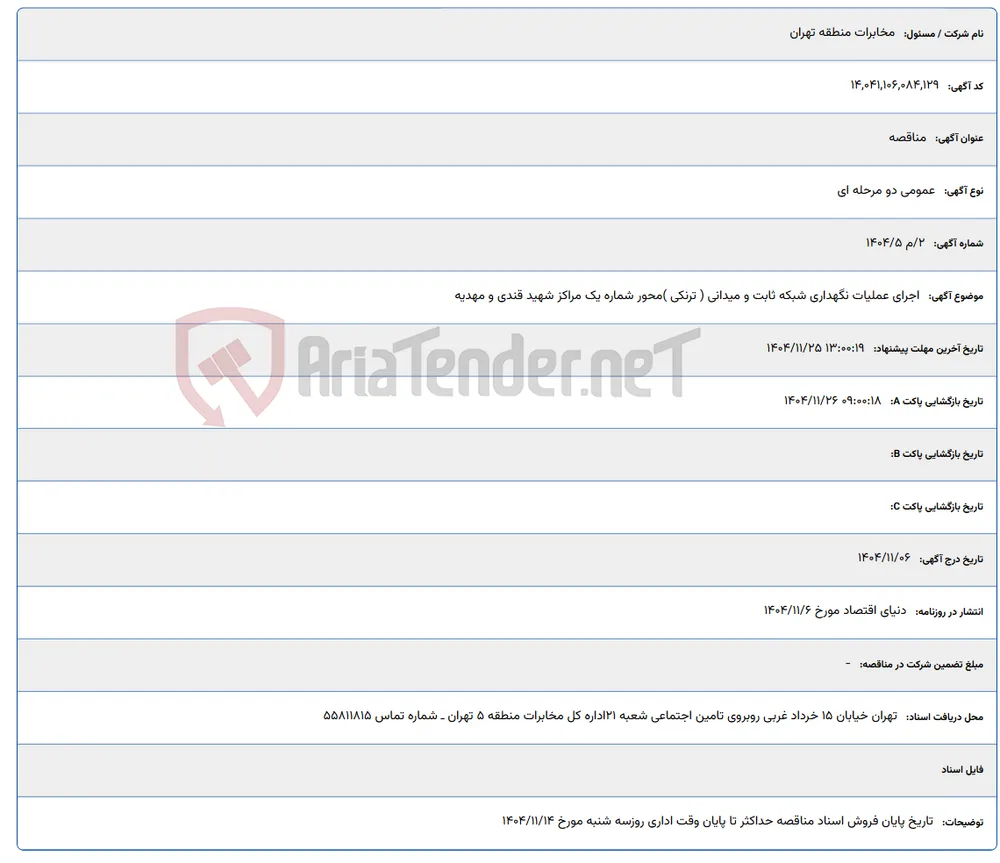 اجرای عملیات نگهداری شبکه ثابت و میدانی ( ترنکی ) محور شماره یک مراکز شهید قندی و مهدیه