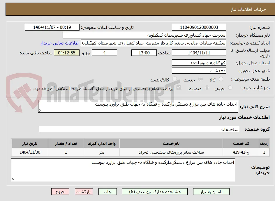 احداث جاده های بین مزارع دستگر،دارگنده و فیلگاه به چهاب طبق برآورد پیوست
