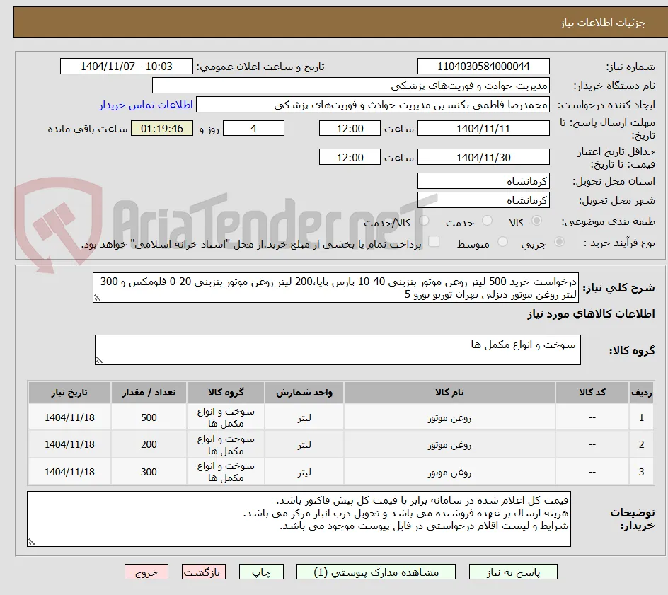 درخواست خرید 500 لیتر روغن موتور بنزینی 40-10 پارس پایا،200 لیتر روغن موتور بنزینی 20-0 فلومکس و 300 لیتر روغن موتور دیزلی بهران توربو یورو 5 