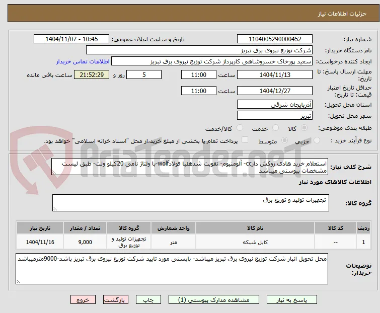 استعلام خرید هادی روکش دارcc- آلومنیوم- تقویت شدهئبا فولادwolf-با ولتاژ نامی 20کیلو ولت- طبق لیست مشخصات پیوستی میباشد
