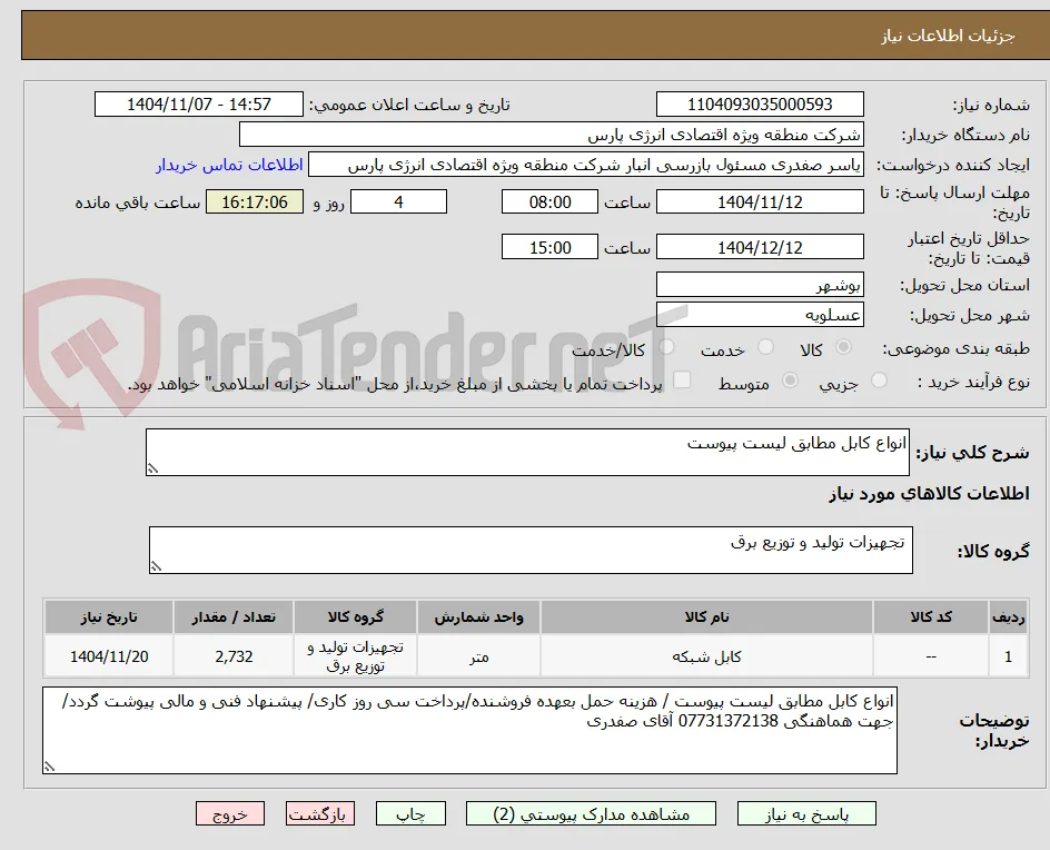 انواع کابل مطابق لیست پیوست 