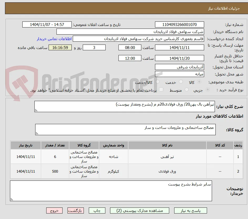 تیرآهن بال پهن20/ ورق فولادی20م م (بشرح ومقدار پیوست)