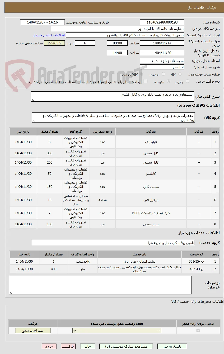 اسـتـعلام بهاء خرید و نصب تابلو برق و کابل کشی

