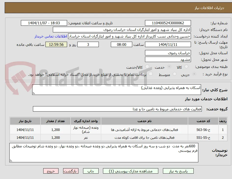 اسکان به همراه پذیرایی (وعده غذایی)