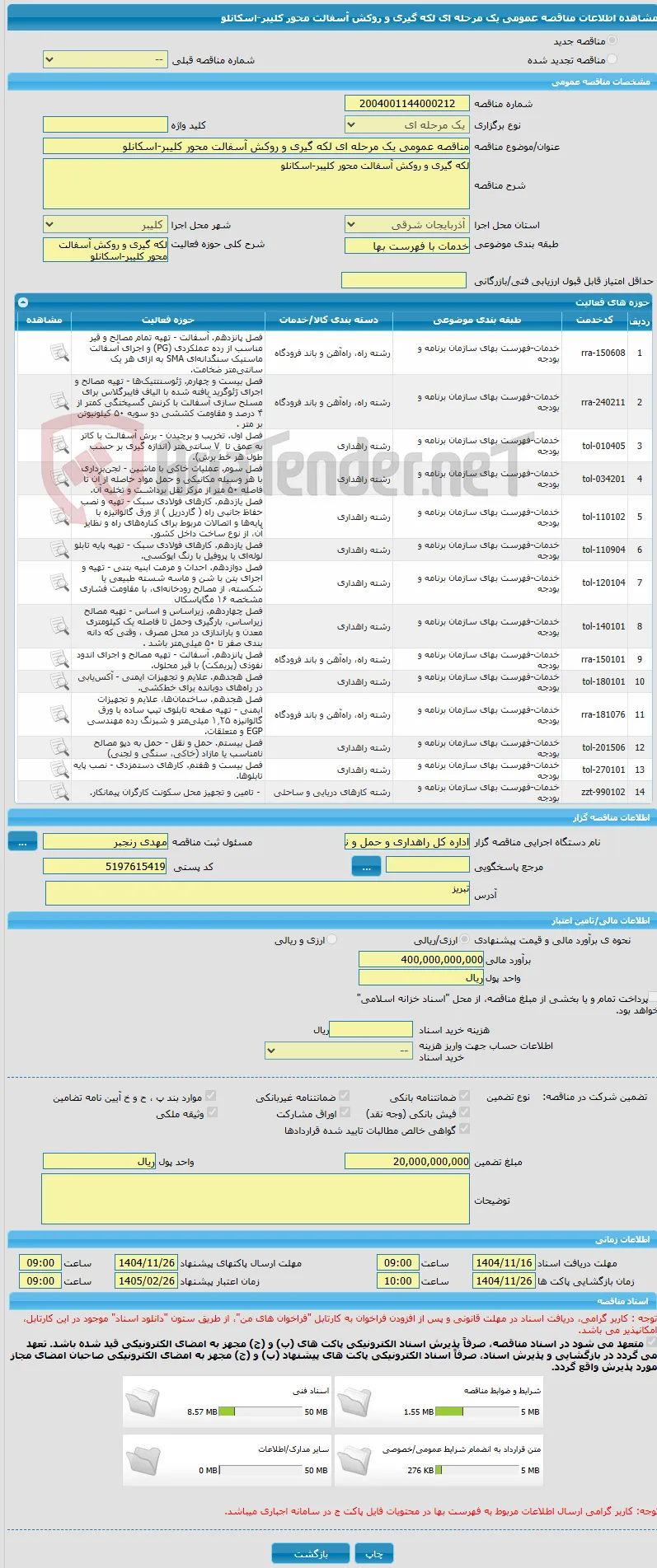 مناقصه عمومی یک مرحله ای لکه گیری و روکش آسفالت محور کلیبر-اسکانلو