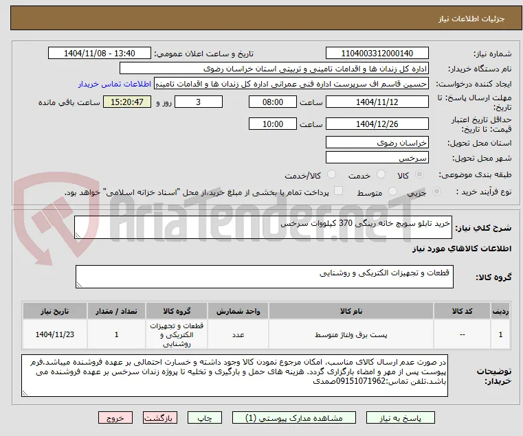 خرید تابلو سویچ خانه رینگی 370 کیلووات سرخس