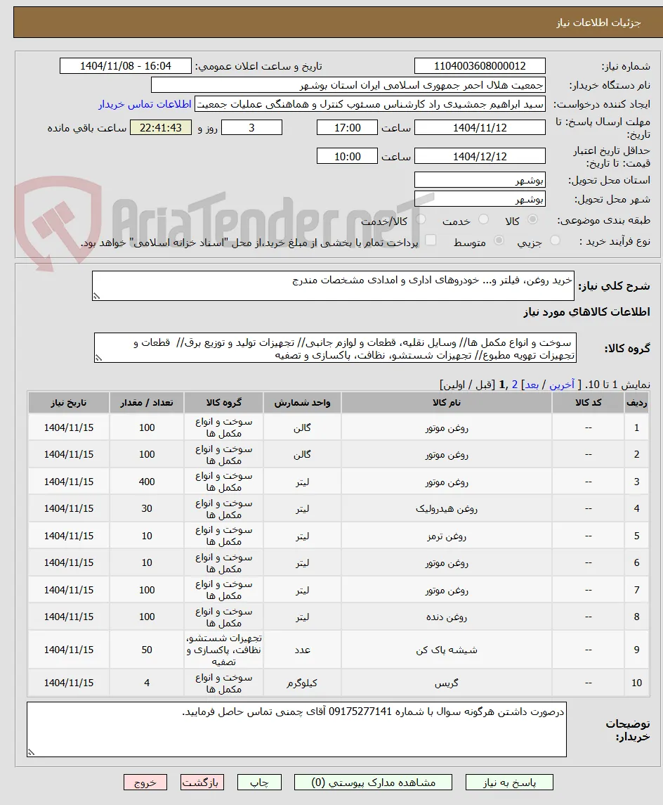 خرید روغن، فیلتر و... خودروهای اداری و امدادی مشخصات مندرج