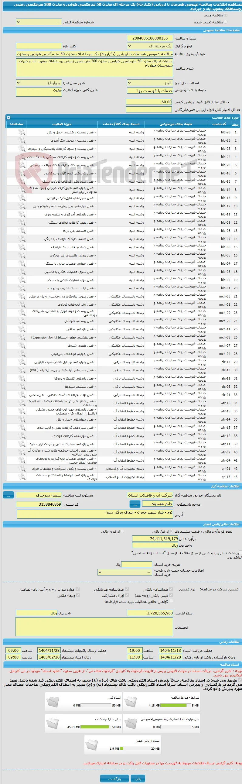 مناقصه عمومی همزمان با ارزیابی (یکپارچه) یک مرحله ای مخزن 50 مترمکعبی هوایی و مخزن 200 مترمکعبی زمینی روستاهای یعقوب آباد و خیرآباد