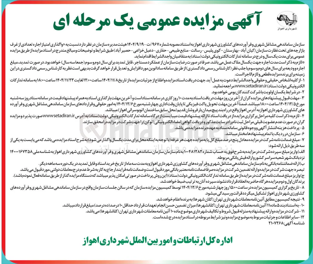 واگذاری امتیاز اجاره تعدادی از غرف بازارچه ها